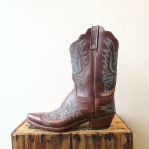10 - 1883 Lucchese Snip Toe Brown Leather Turquoise Stitch Western Boots 1217JD